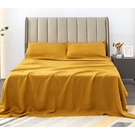 S VICTORY SYMBOL 100% Organic French Linen Sheet Set 4PCS King Size(1 Flat Sheet,1 Fitted Sheet,2 Pillowcase) GOTS Certified Natural Pure Flax Sheets with Stone Washed,Breathable(Yellow,King)