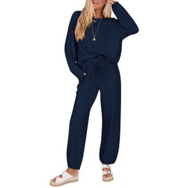 KIRUNDO Lounge Sets for Women 2025 Fall Travel Airport Outfits Ribbed Knit Tops Jogger Pants Tracksuit Postpartum Comfy Set(Dark Blue, X-Large)