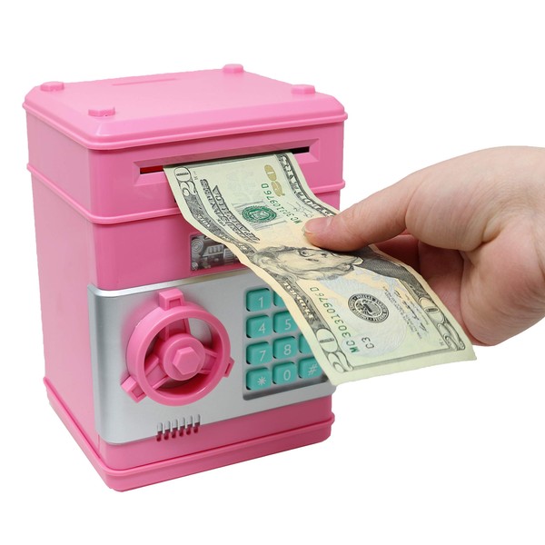 Kids Electronic Piggy Bank Safe with Password Mini ATM Bank - Electronic Money Bank with Code for Kids Gifts (Pink)