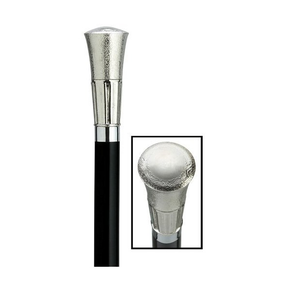 Walking Cane - Silver Men's straight formal cane with 3 1/4" high embossed cap, black wood shaft, 36" long with rubber tip. Cap is available in silver finish.