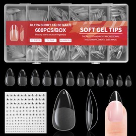 BUTBU Oval Nail Tips, 600 Pieces False Nail Tips, Soft Gel Tips, Nail Tips Set, 12 Sizes Artificial Gel Half Matte Nails, for Nail Extension and Nail Art, DIY Nail Studio at Home