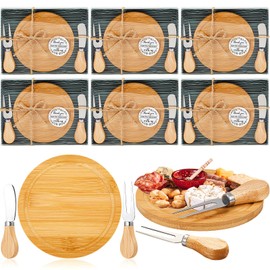 Maxcheck 6 Sets Bridal Shower Baby Prizes Cheese Board Set Wood Round Mini Charcuterie Board with Knives and Forks Bulk Thank You Tags with Bridal Shower Gift Box for Guests Wedding Party (Bamboo)