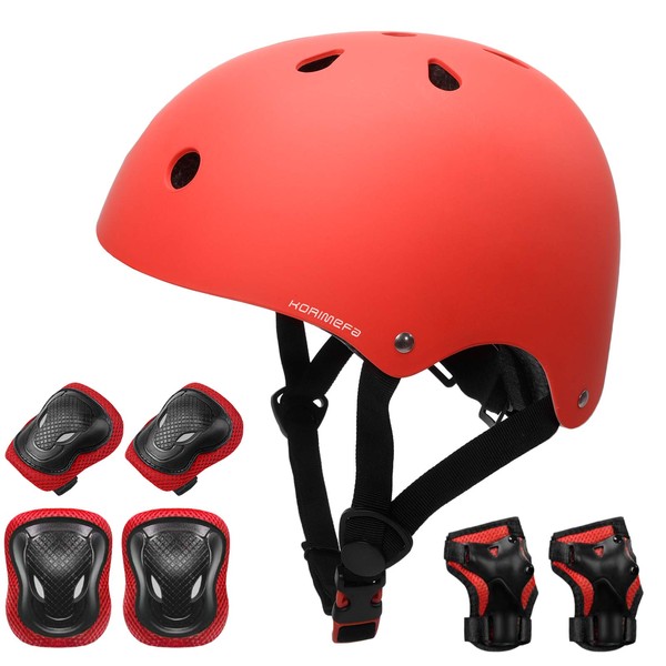 KORIMEFA Children's Bicycle Helmet, Knee Pads, Elbow Pads and Wrist Protection Set for Children from 3-13 Years, Helmet for Hoverboard, Scooter, Skating, BMX and Bicycle (Red, S)