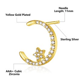 Moon Star Stud Earrings for Women - Hypoallergenic CZ Earrings, 14K Gold Plated Pierced Stud Earrings for Birthday Christmas Jewellery Gift