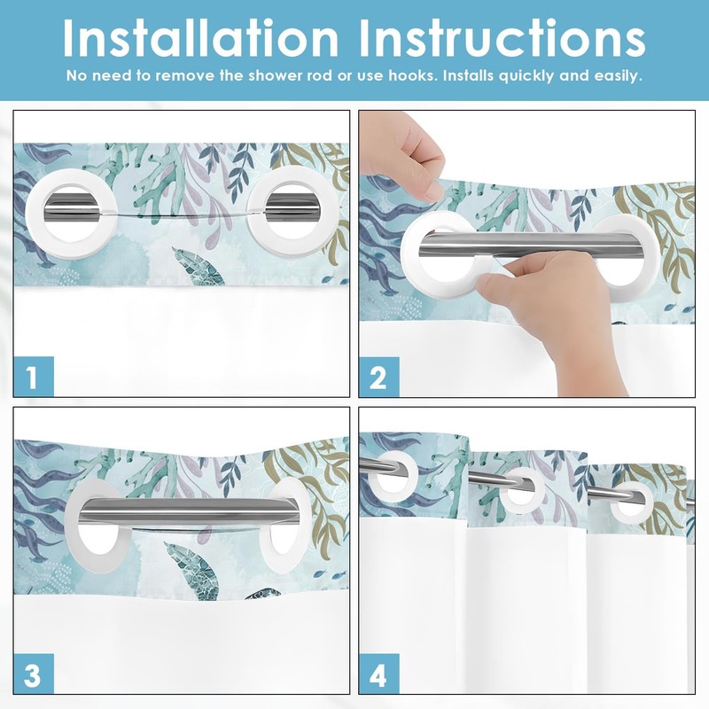 Nesphy No Hook Nautical Blue Sea Turtles Shower Curtain with