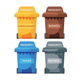 Resorti Sticker Set of 4 for Waste and Waste Separation Design Rubbish Bin (Residual Rubbish, Yellow Sack, Organic Waste, Paper Rubbish)