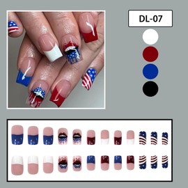 24 Pcs Square Press on Nails Short Fake Nails French Tip Multicolor Stripes Glue on Nails with American Flag Lip Print Designs Glossy Acrylic Nails for Women 4th of July Independence Day