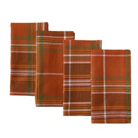 Culloden Autumn Harvest Plaid Thanksgiving Fabric Weave Napkins, Traditional Bold Rust and Green 100% Cotton Weave Plaid Fall Fabric Napkins, Set of 4 Napkins