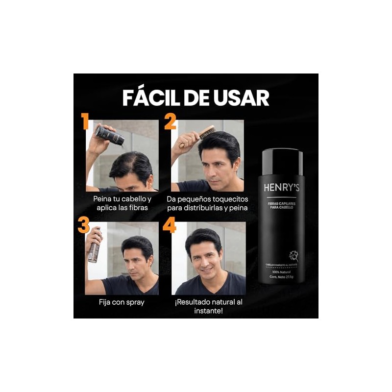 Henrys Fibras Capilares Negro 27.5g, Disimula Cabello Delgado, Aumenta Volumen
