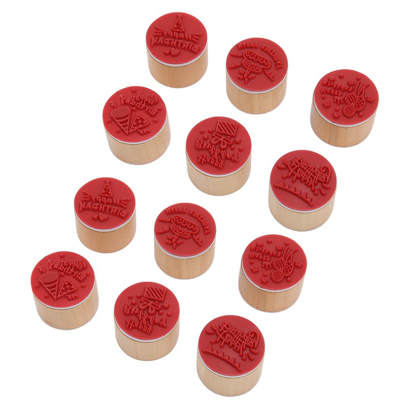 12Pcs Birthday Stamps Wooden Handle Assorted Style Clear Pattern Wooden