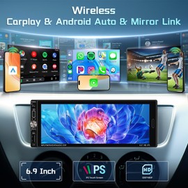 [2G+64G] Android Car Radio 6.9 Inch with Wireless CarPlay & Android Auto, Hodozzy Single Din Touch Screen Car Radio with GPS,Mirror Link,Bluetooth,WiFi, DSP,FM/RDS Radio,USB/Type-C Interface,Camera