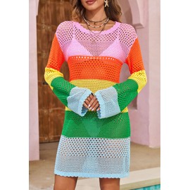 Langwyqu Womens Summer Crochet Swimsuit Coverup Long Sleeve Crewneck Color Block Bathing Suit Swimwear Cover Ups Beach Dress