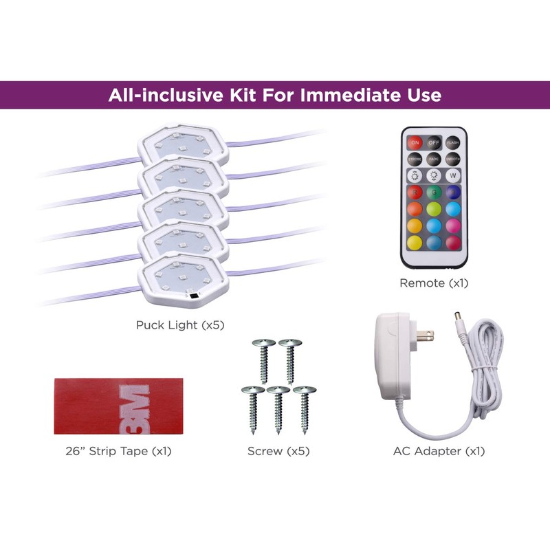 PureOptics LED 5-Pack Color Changing LED Puck Light Kit with