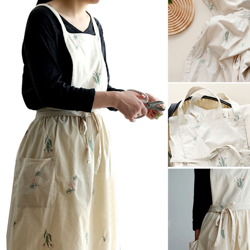 Cooking Apron Flower Embroidery Waterproof Wear Resistant Baking Apron for