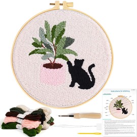 Punch Needle Embroidery Starter Kits, Black Cat Flower Punch Needle Kits for Kids Adults Beginner, Punch Needle Kit Tool with Instruction Threader Fabric Yarns and Hoop