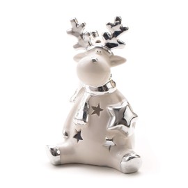 DARO DEKO Ceramic reindeer tea light holder, silver-white, 11 x 15.5 cm, 1 piece
