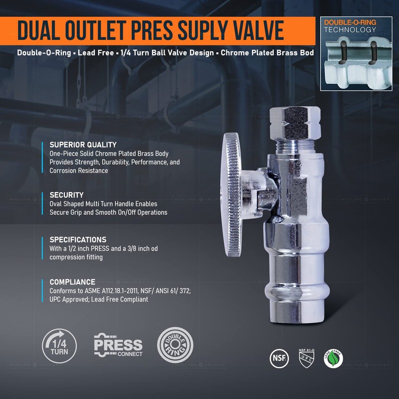 Midline Valve 93323QS-NL-Q 1/4 Turn Press Straight Stop Valve, 1/2"