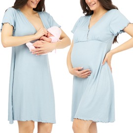 Nursing Nightdress, Birth Dress, 3-in-1 Breastfeeding, Hospital and Pregnancy, Soft and Breathable, blue