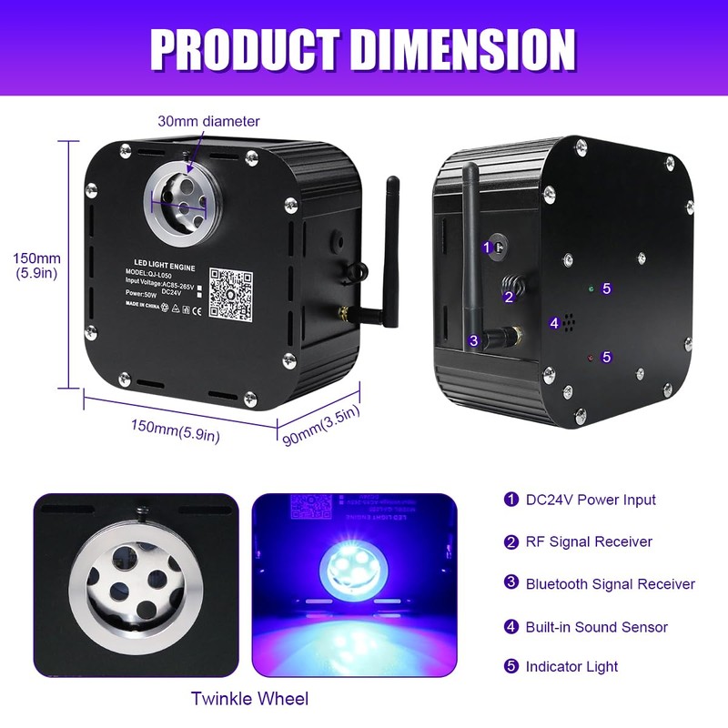 AZIMOM High Brightness 50W Twinkle Fiber Optic Light Source RGBW