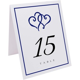 Linked Hearts and Border Wedding Table Numbers (Select Color/Quantity), White, Navy, 1-35, Double Sided, Tent or Use in a Stand, Great for Parties & Restaurants