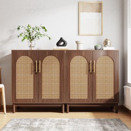 Tribesigns Set of 2 Rattan Sideboard Buffet Cabinet with Storage, 59 Inch Accent Cabinet with Doors, Storage Cabinet for Dining Room, Living Room, Kitchen, Rattan and Dark Brown