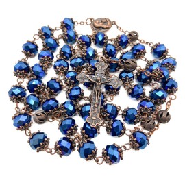Nazareth Store Deep Blue Crystal Beads Rosary Necklace Holy Ground Medal and Cross Antique Design 22" Zinc No Gemstone, Zinc, No Gemstone