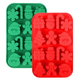 2pcs Christmas Silicone Chocolate Molds, Christmas Candy Baking Molds with Cute 3D Snowflake Cane Snowman Santa Claus Gingerbread Man Holiday Candy Molds Christmas Tree Mold for DIY Baking