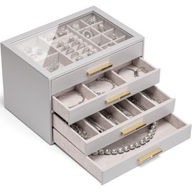 Vlando Jewelry Box for Women Girls,Jewelry Organzier,4 Drawers,Glass Lid Jewelry Organizer Storage for Gem Diamond Necklaces Rings Earrings Bracelets Grey