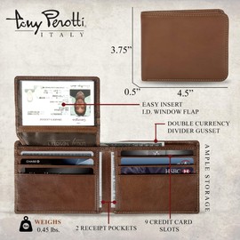 Tony Perotti Men's Italian Leather Bifold Wallet With ID Window Flap, Card Holders, Pocket Size 4.5"(w) - Eco-Friendly Vegetable-Tanned Full Grain Leather Wallet Made in Italy