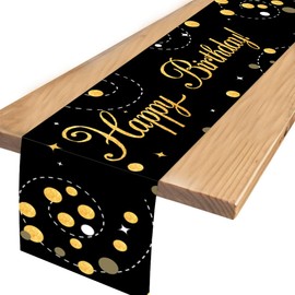 YRsorn Table Runner Birthday Decoration Black Gold Table Decoration Birthday Happy Birthday Table Runner for Boys Girls Party Birthday Decoration Indoor and Outdoor Family Dinner 35 x 180 cm