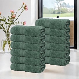 Superior Cotton Face Towel/Washcloth Set, Daily Use, Bathroom, Guest Room, Resort, Spa, Facial, Home, Soft Plush Absorbent Small Towels, Zero Twist, Smart Dry Collection, Set of 12, Forest Green