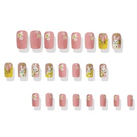Easter Press on Nails Medium Square Fake Nails Cute Bunny False Nails Pink Acrylic Nails Spring Flower Artificial Nails Easter Egg Rabbit Glue on Nails Glossy Stick on Nails for Women Manicure 24Pcs