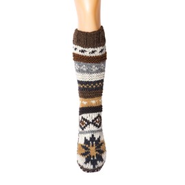 Tibetan Socks Hand Knit Wool Fleece Lined Long Slipper Socks (Small, Brown)