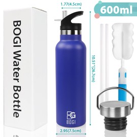 BOGI 600ml Double Wall Vacuum Insulated Stainless Steel Water Bottle-Scratch Resistance&Eco-Friendly for Outdoor Sports Yoga Camping,Straw Flip Cap+Cleaning Brush-1 Year Warranty(Dark Blue)