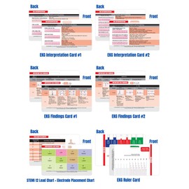 EKG Horizontal Badge 6 Card Set, ECG Telemetry Cards with EKG Ruler, Electrocardiogram Rhythm Interpretations, Common Cardiac Findings, STEMI Leads, 12 Lead EKG Placement (Bonus Cheat Sheets)