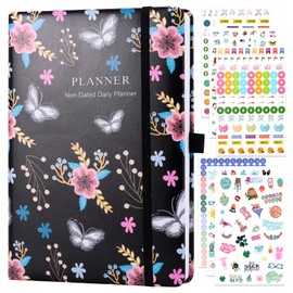 Miawtro A5 Diary, Using 2024 to Record 2025 Memoirs Butterfly Flowers Hard Cover Productivity Diaries Planner with Stickers, Appointments Faux Leather Cover, Elastic Closure, Back Pocket, 8.2''x6.1''