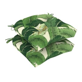 DYTXIII Set of 2 Outdoor Tufted Chair Cushions 19"x19"x4", Water Repellent Patio Seat Cushions with Ties, Replacement Chair Pads for Wicker Dining and Patio Furniture - Swaying Palms Green