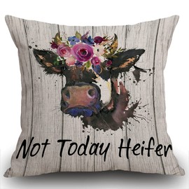 Smooffly Funny Quote Cushion Cover, Not Today Heifer Throw Pillow Cover,Outdoor Cushion Watercolor Flower Cow Throw Pillow Case Decorative for Living Room Sofa Bed,45cmx45cm 18x18 inch