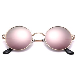 Pro Acme Small Round Polarized Sunglasses for Men Women Circle Retro Shades Metal Hippie Sunglasses UV400 （Gold Frame/Pink Mirrored Lens）