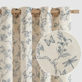 Lazzzy Lazzzy Blue Floral Linen Farmhouse Curtains 84 Inch Length Drapes for Living Room Bedroom Pattern Light Filtering Country Vintage Curtain Grommet Top, 2 Panels, Blue on Beige