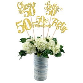 ZHUOWEISM 15 PCS Happy 50th Birthday Centerpiece Sticks Hello 50 Fabulous Table Flower Centerpieces Fifty Cheers to 50 Years Floral Decor for Happy 50th Birthday Party Centerpieces Sticks Gold