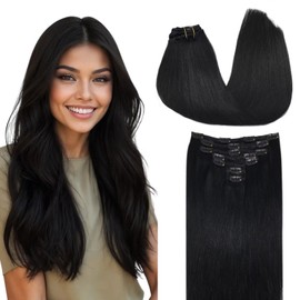 DOORES Hair Extensions Clip in Human Hair Jet Black 18 Inch 7pcs 120g Clip in Real Human Hair Extensions Natural Straight Remy Hair Extensions