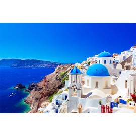 CORFOTO Fabric 9x6ft Greece Photo Backdrop Santorini Island Oia Village Backdrop Greece Photography Background for Greece Themed Party Banner Mamma Mia Birthday Decor Bridal Shower Photo Booth