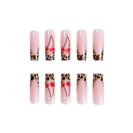 SINHOT Long Press on Nails Square Leopard Fake Nails Brown Nails Glossy Glue on Nails Cherry Acrylic Nails Squoval Artificial Nails French Tip Stick on False Nails with Design 24 pcs