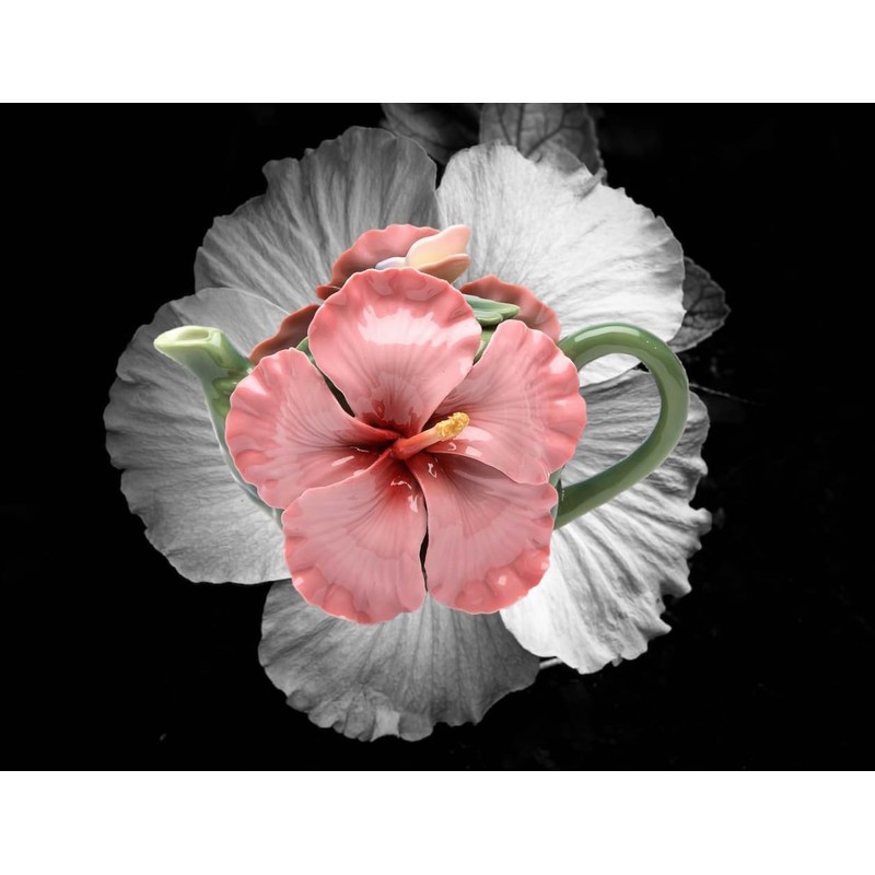 Fine Porcelain Pink Hibiscus Flower Teapot, 6 3/4" L