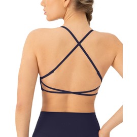 PAVOI ACTIVE Open Back Strappy Yoga Workout Bras for Women - Low Support Criss-Cross Sports Gym Bra Removable Pads - FlexFlow, Medium, Twilight