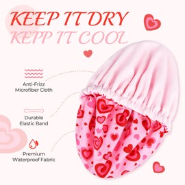 Shower Cap for Women Terry Lined Bath Cap Large Reusable Waterproof Elastic Band Pink Love Shower Caps for Long Thick Hair Soft Bath Shower Hair Caps