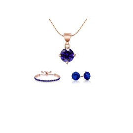 Paris Jewelry 10k Rose Gold 6Ct Round Created Blue Necklace, Earrings, & Bracelet Plated Set