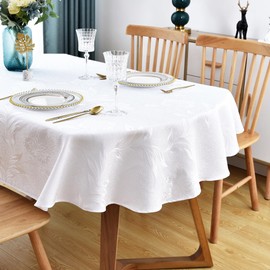 Wolkemer Shiny Large Oval Jacquard Tablecloth 60 x 120 Inch White Floral Countryside Leaves Damask Patterns Table Cloth Glossy Fabric Table Cover for Dinner Kitchen