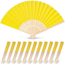 JOHOUSE Foldable Bamboo Fans, 12PCS Eastern Style Handheld Fan Japanese Chinese Fan for DIY Decoration Wedding Dancing Party Summer Yellow
